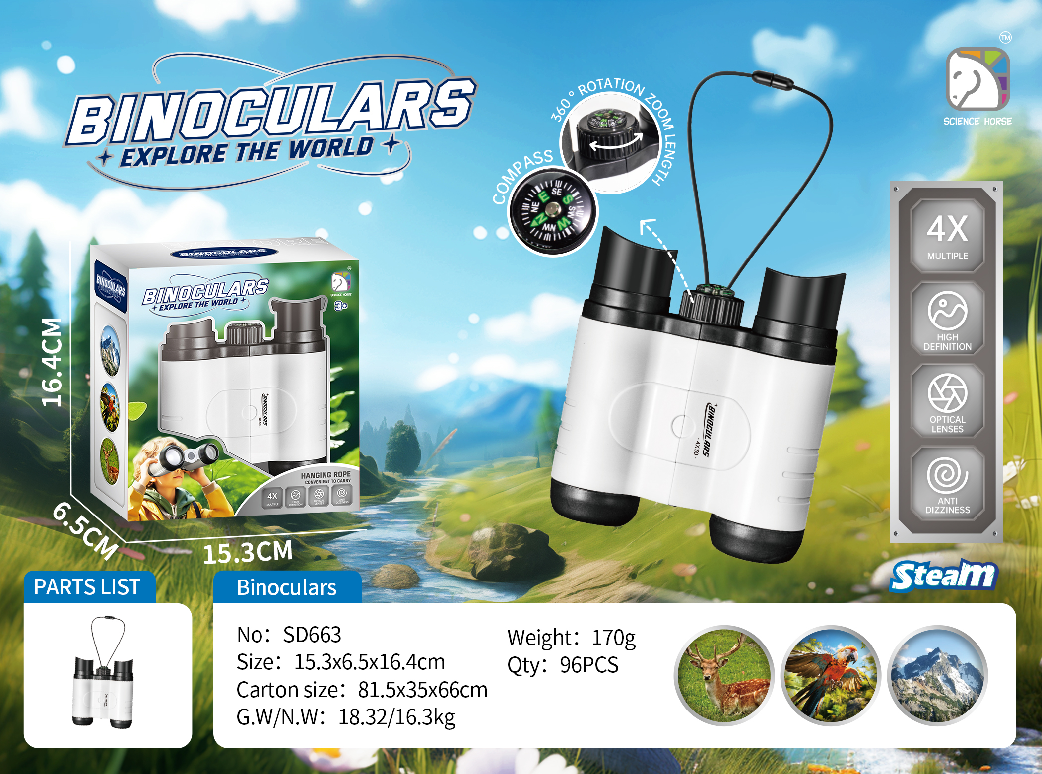 Đồ chơi ống nhòm mini cho bé 4X SCIENCE HORSE SD663