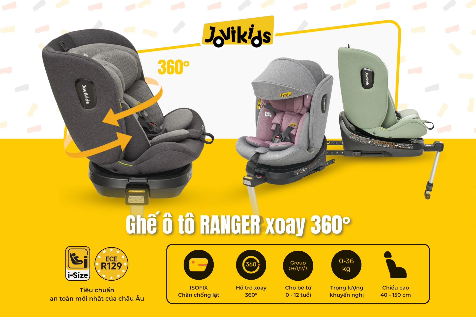 Jovikids Ranger - Ghế ô tô trẻ em R129 cho bé sơ sinh - 12 tuổi