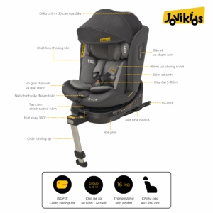 Jovikids Ranger (Grey) - Ghế ô tô trẻ em R129 cho bé sơ sinh - 12 tuổi