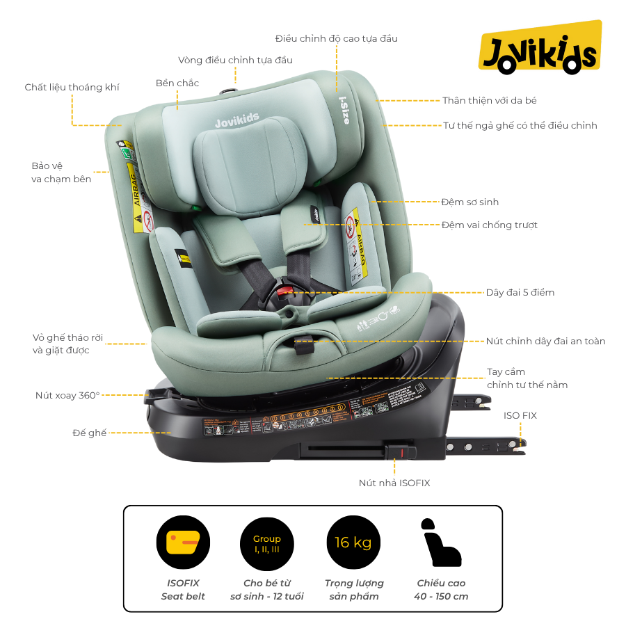 Jovikids Ranger TT (Green) – Ghế ô tô trẻ em R129 cho bé sơ sinh – 12 tuổi Jovikids Ranger TT (Green) – Ghế ô tô trẻ em R129 cho bé sơ sinh – 12 tuổi